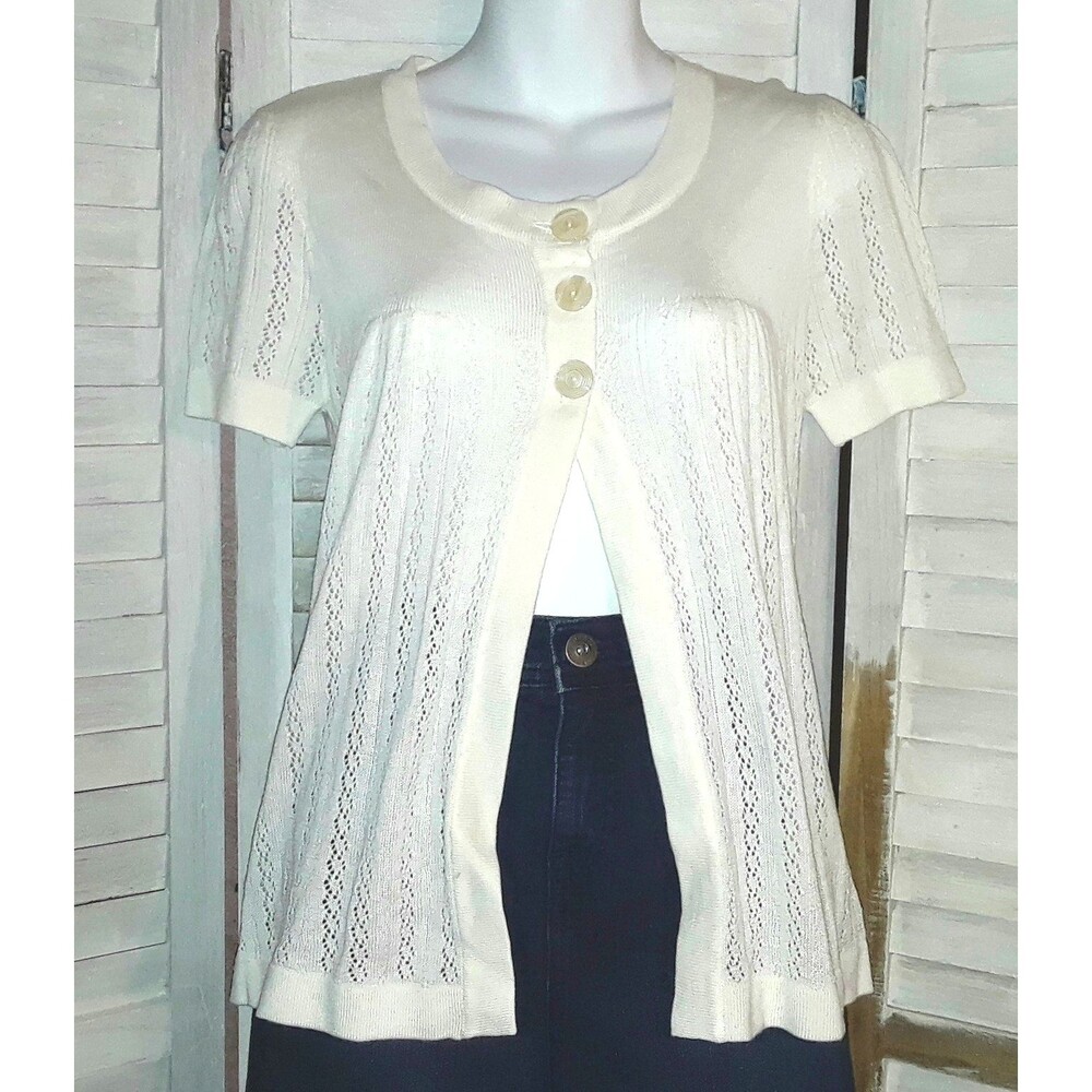 Vintage CB Design Women's SHRUG Blouse Size Sm IVORY Beige Open Knit Lagenlook